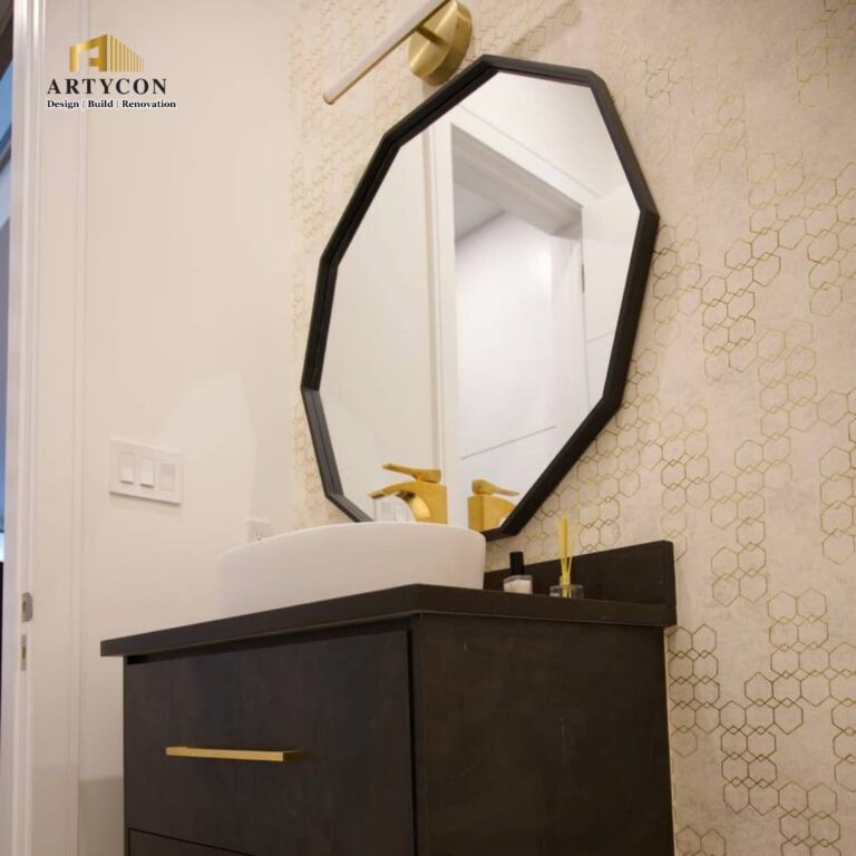 Modern-Bathroom-With-Brown-Vanity-White-Sink-Mirror-And-Elegant-Led-Light
