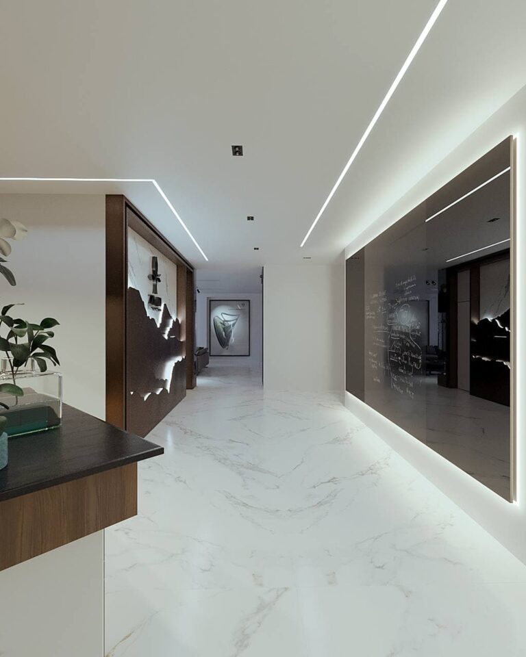 Modern-Office-Reception-Area-With-Marble-Floor-And-Wall-Art